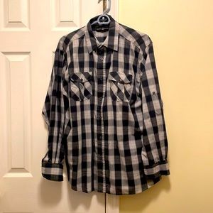 Men’s XL Grey/Black Plaid Button-Down Shirt by Beverly Hills Polo Club.